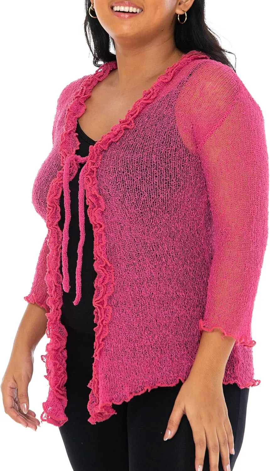 SHU-SHI Womens Plus Size Ruffle Shrug Tie Top Open Front Cardigan Lightweight Knit XL 2X 3X 4X Bolero Sweater