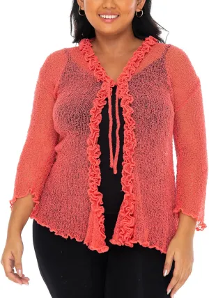 SHU-SHI Womens Plus Size Ruffle Shrug Tie Top Open Front Cardigan Lightweight Knit XL 2X 3X 4X Bolero Sweater
