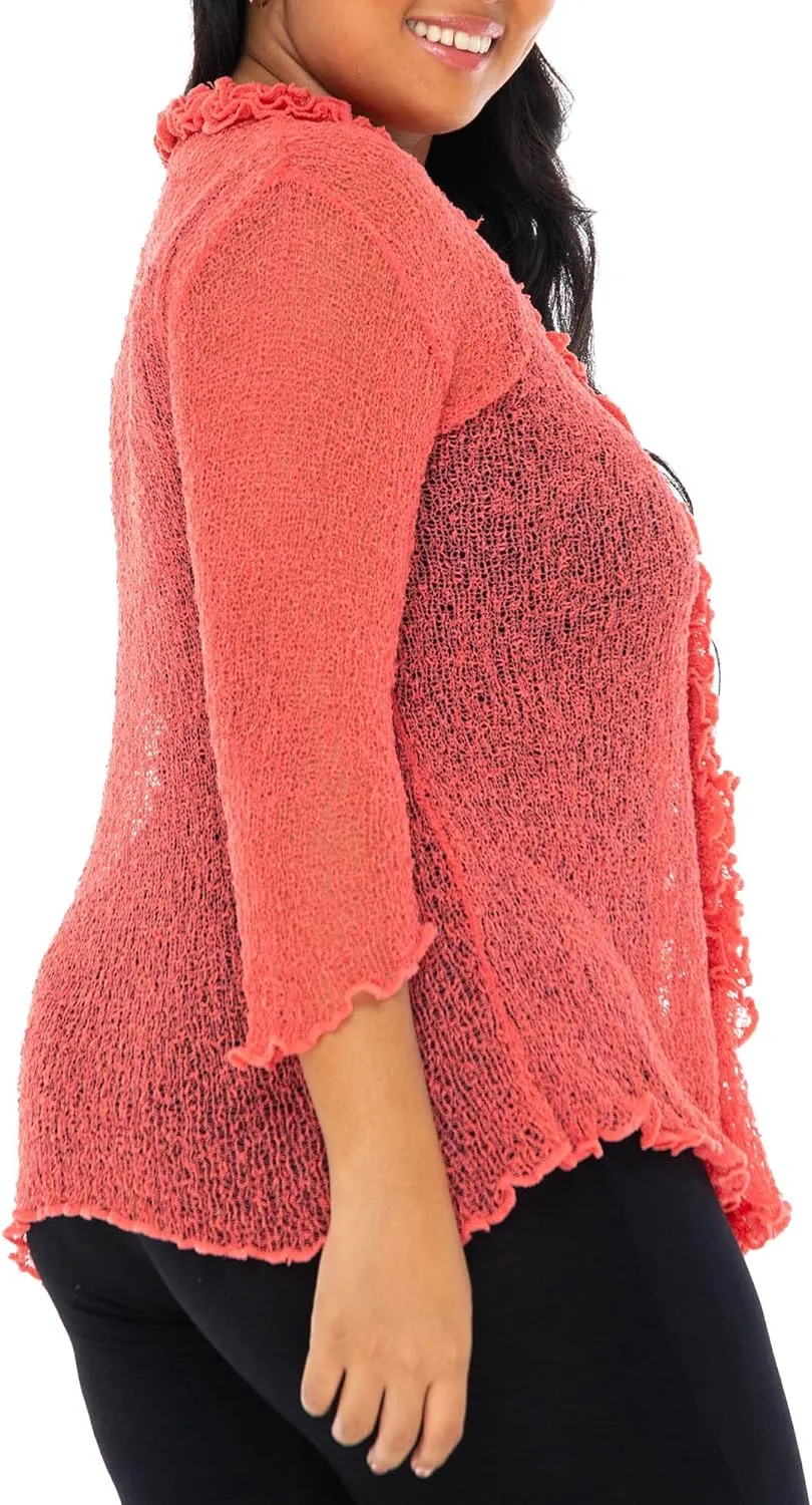 SHU-SHI Womens Plus Size Ruffle Shrug Tie Top Open Front Cardigan Lightweight Knit XL 2X 3X 4X Bolero Sweater