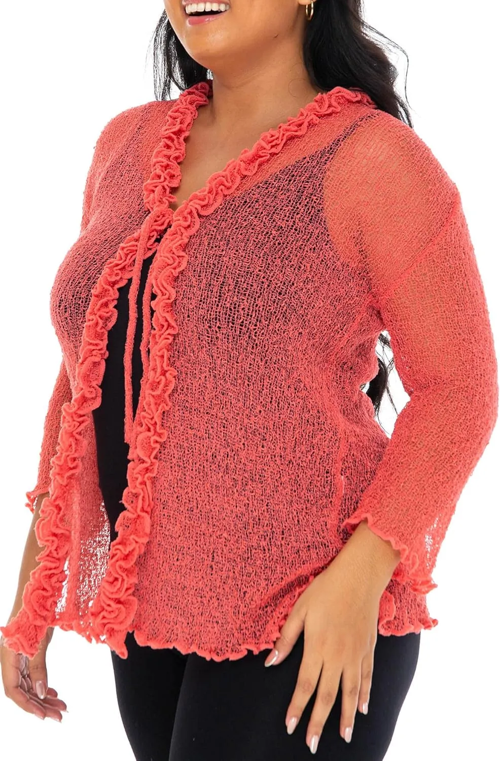 SHU-SHI Womens Plus Size Ruffle Shrug Tie Top Open Front Cardigan Lightweight Knit XL 2X 3X 4X Bolero Sweater