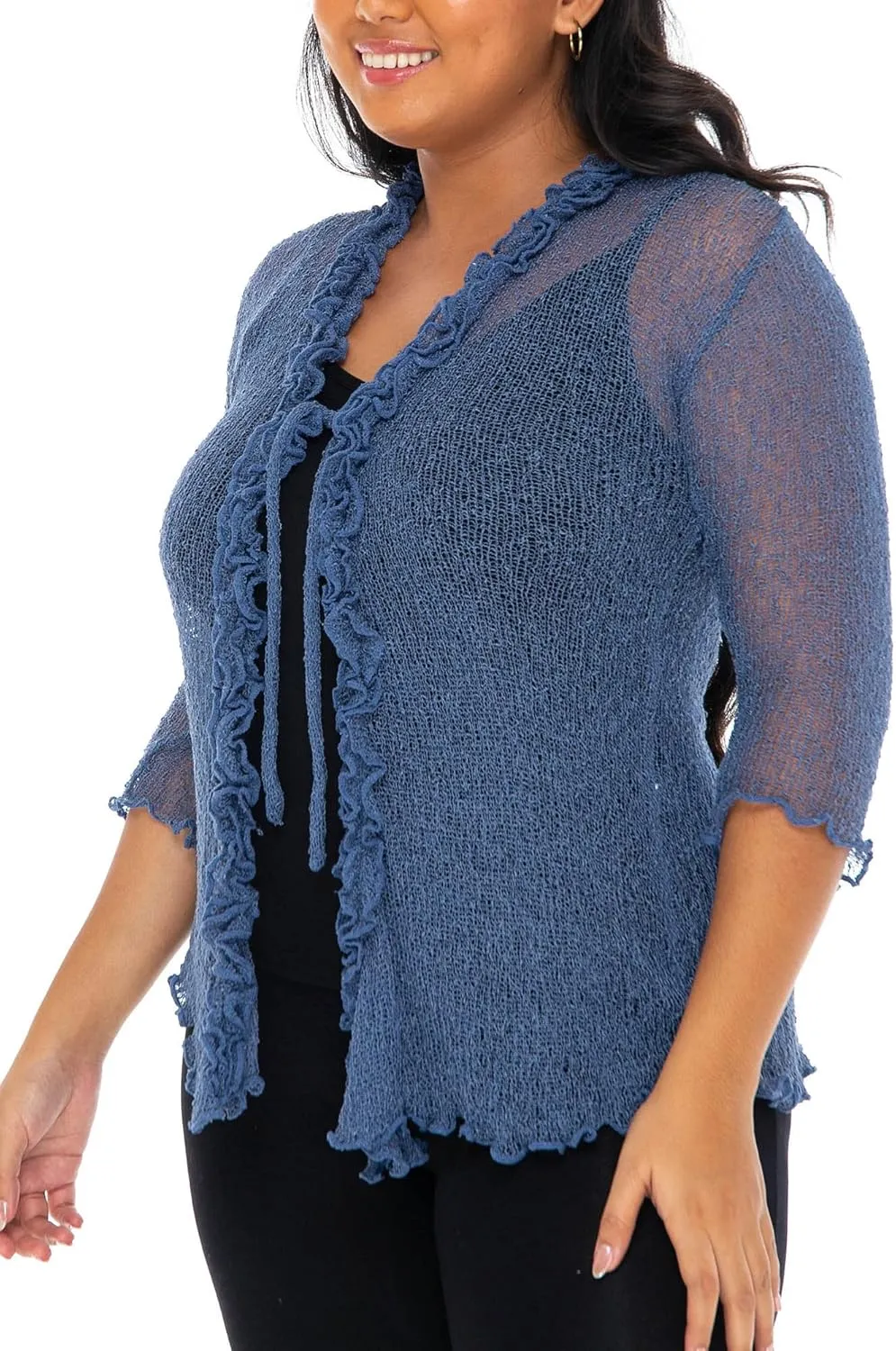 SHU-SHI Womens Plus Size Ruffle Shrug Tie Top Open Front Cardigan Lightweight Knit XL 2X 3X 4X Bolero Sweater