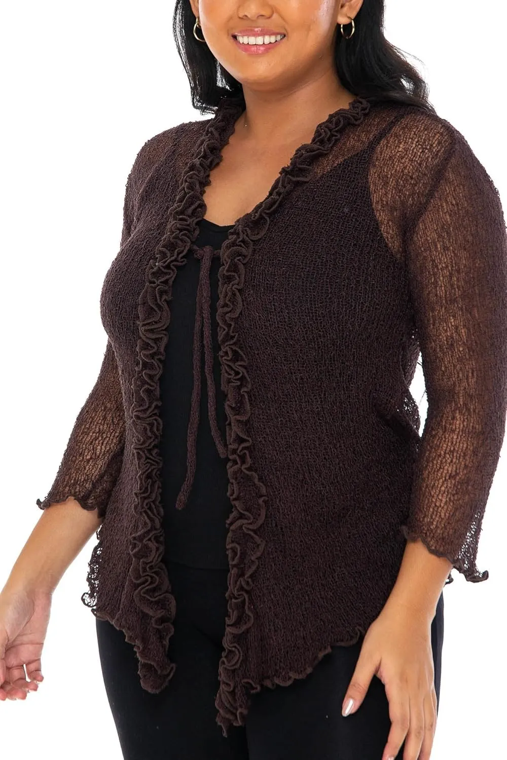SHU-SHI Womens Plus Size Ruffle Shrug Tie Top Open Front Cardigan Lightweight Knit XL 2X 3X 4X Bolero Sweater