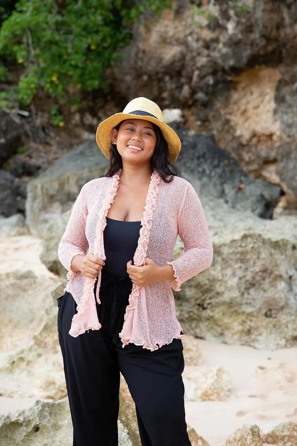 SHU-SHI Womens Plus Size Ruffle Shrug Tie Top Open Front Cardigan Lightweight Knit XL 2X 3X 4X Bolero Sweater