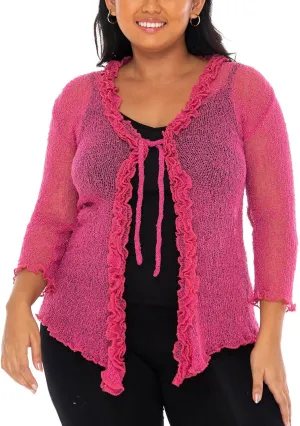 SHU-SHI Womens Plus Size Ruffle Shrug Tie Top Open Front Cardigan Lightweight Knit XL 2X 3X 4X Bolero Sweater