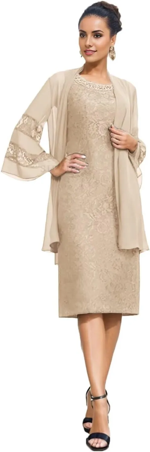 SIPUHK 2 Pieces Mother of The Bride Dresses with Jackets Lace Beaded 3/4 Sleeve Bodycon Formal Dress for Women Wedding Guest