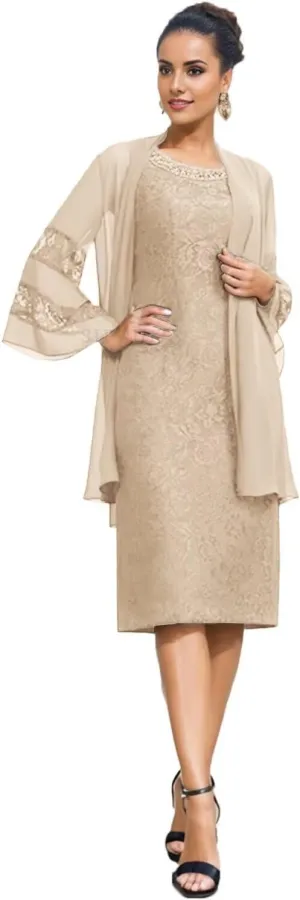 SIPUHK 2 Pieces Mother of The Bride Dresses with Jackets Lace Beaded 3/4 Sleeve Bodycon Formal Dress for Women Wedding Guest
