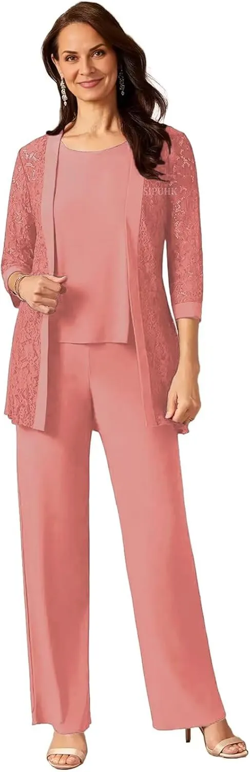 SIPUHK 3 Pieces Mother of The Bride Pantsuits with Jackets Lace 3/4 Sleeve Classy Formal Pant Suits for Women Dressy