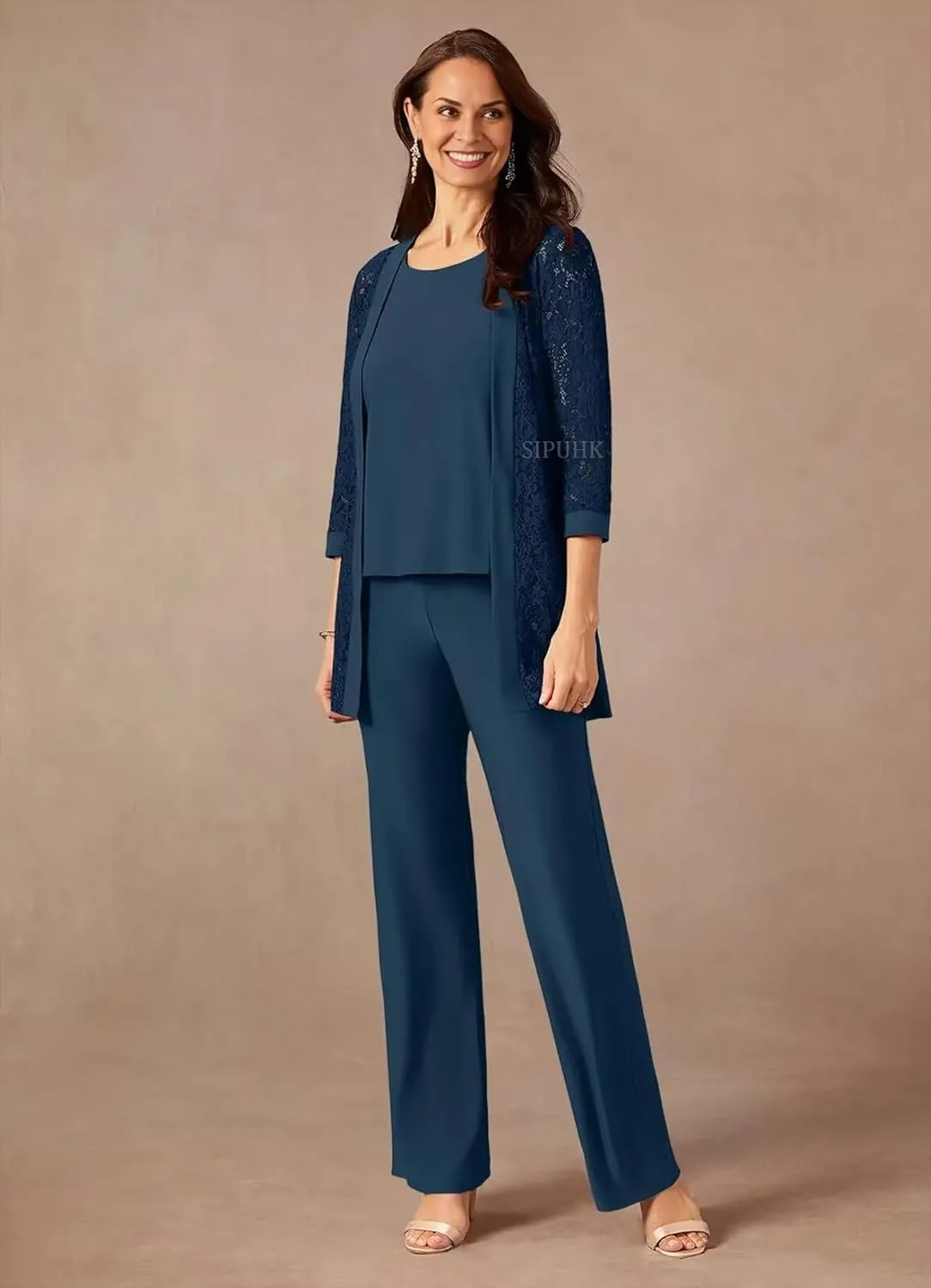 SIPUHK 3 Pieces Mother of The Bride Pantsuits with Jackets Lace 3/4 Sleeve Classy Formal Pant Suits for Women Dressy