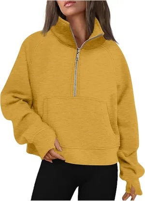 SMIDOW Womens Half Zip Cropped Hoodies Oversized Fleece Quarter Zip Pullover Tops Fall Winter Clothes 2023 Outfits Sweatshirt