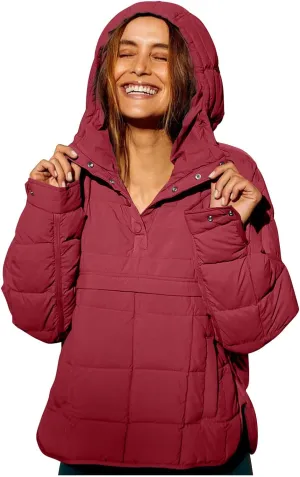SMIDOW Womens Oversized Puffer Jacket Quilted Dolman Hoodies Lightweight Button Down Hooded Pullover Fall Winter Warm Clothes