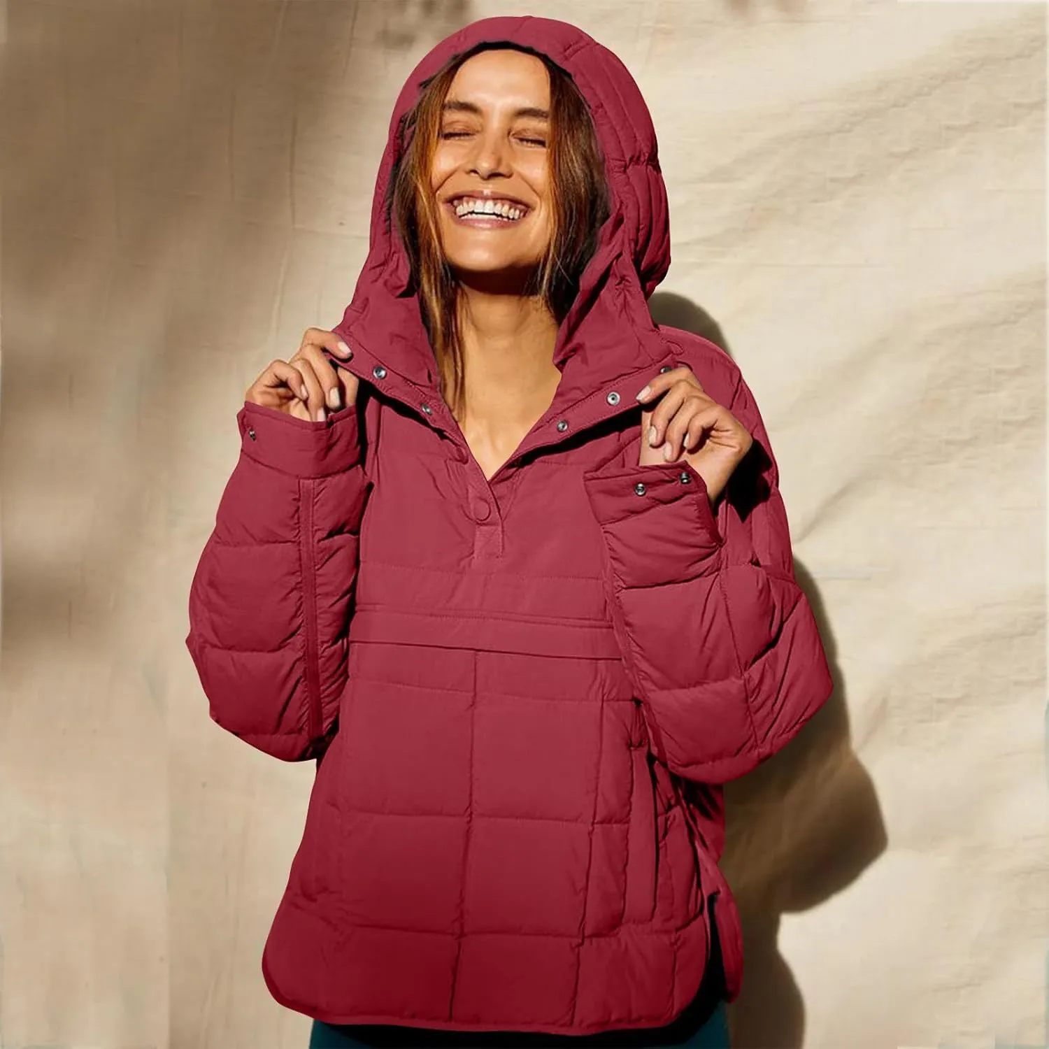 SMIDOW Womens Oversized Puffer Jacket Quilted Dolman Hoodies Lightweight Button Down Hooded Pullover Fall Winter Warm Clothes