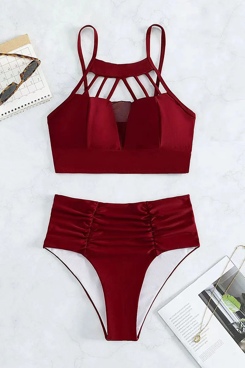 Solid Color Cutout Chic Ruched High Waist Bikini