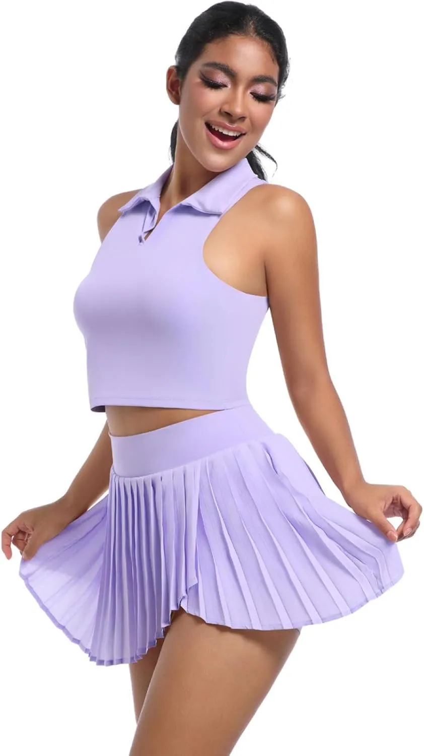 Solid color lapel vest breathable fake two-piece pleated skirt suit sports running fitness yoga wear