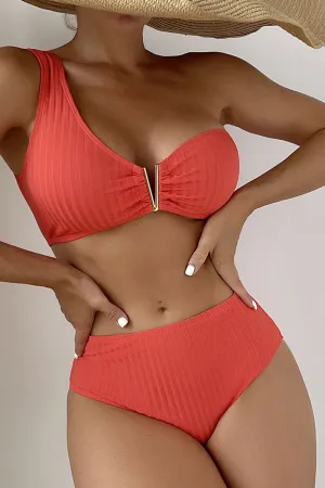 Solid Color V-Wire Chic One Shoulder Bikini