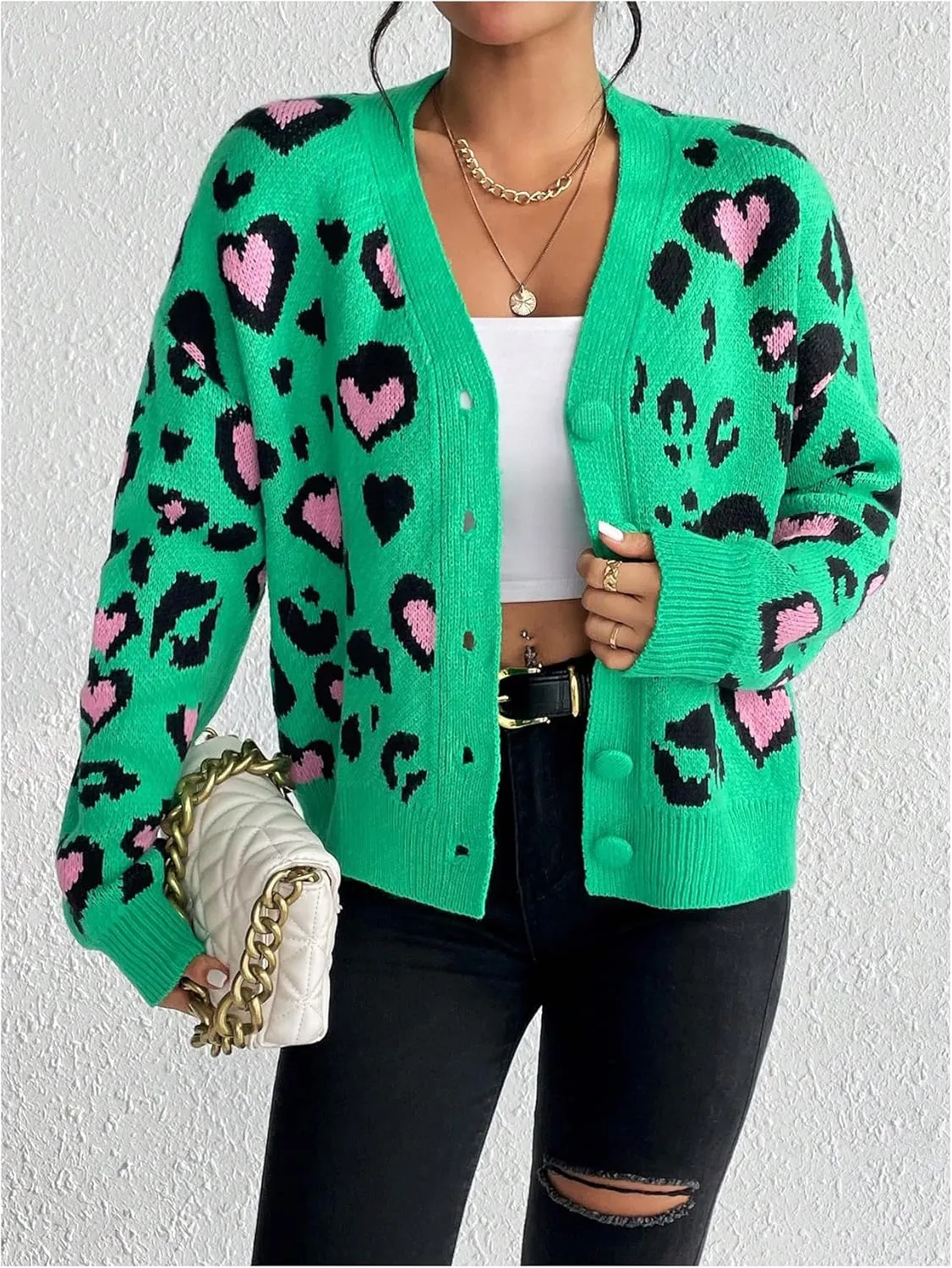 SOLY HUX Cardigan Sweaters for Women Leopard Print V Neck Button Down Long Sleeve Knit Cardigans