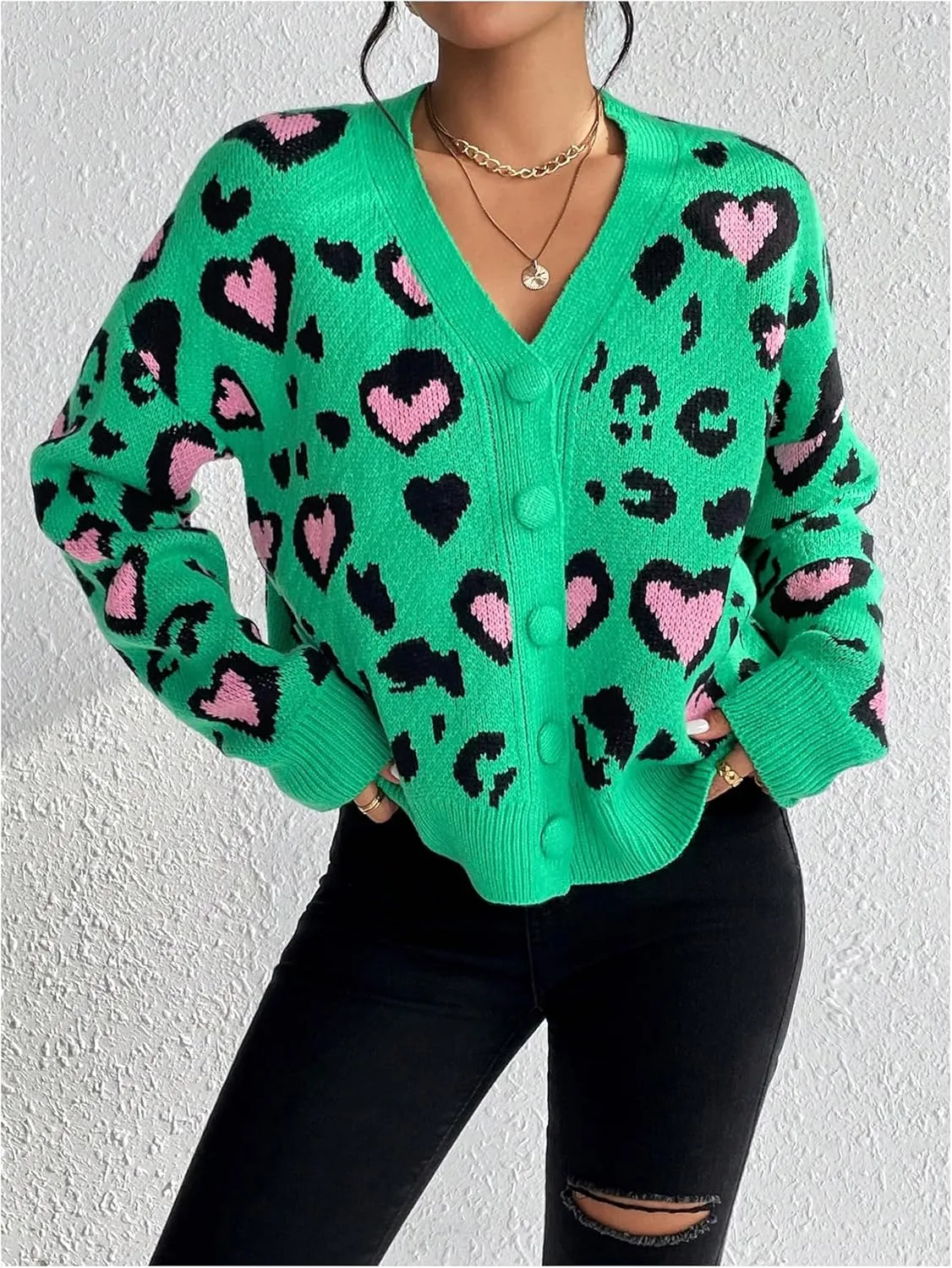 SOLY HUX Cardigan Sweaters for Women Leopard Print V Neck Button Down Long Sleeve Knit Cardigans