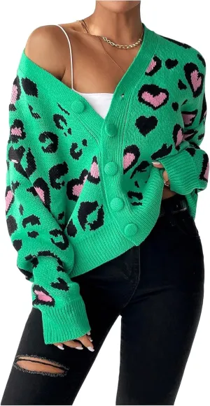 SOLY HUX Cardigan Sweaters for Women Leopard Print V Neck Button Down Long Sleeve Knit Cardigans