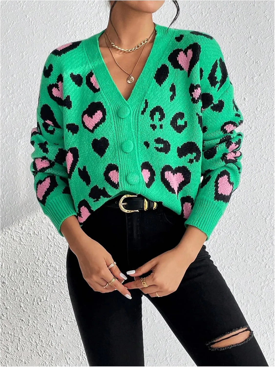 SOLY HUX Cardigan Sweaters for Women Leopard Print V Neck Button Down Long Sleeve Knit Cardigans