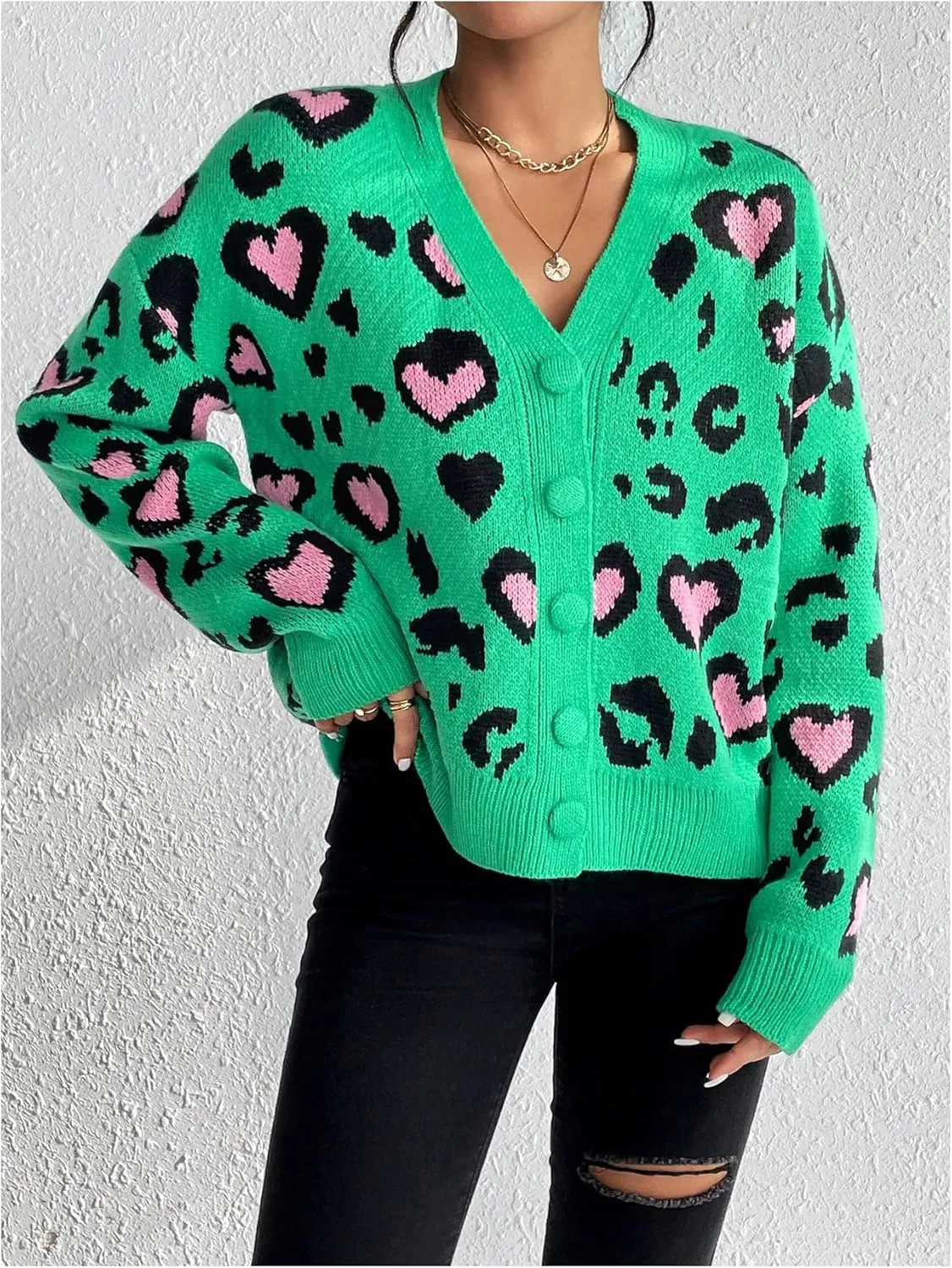 SOLY HUX Cardigan Sweaters for Women Leopard Print V Neck Button Down Long Sleeve Knit Cardigans