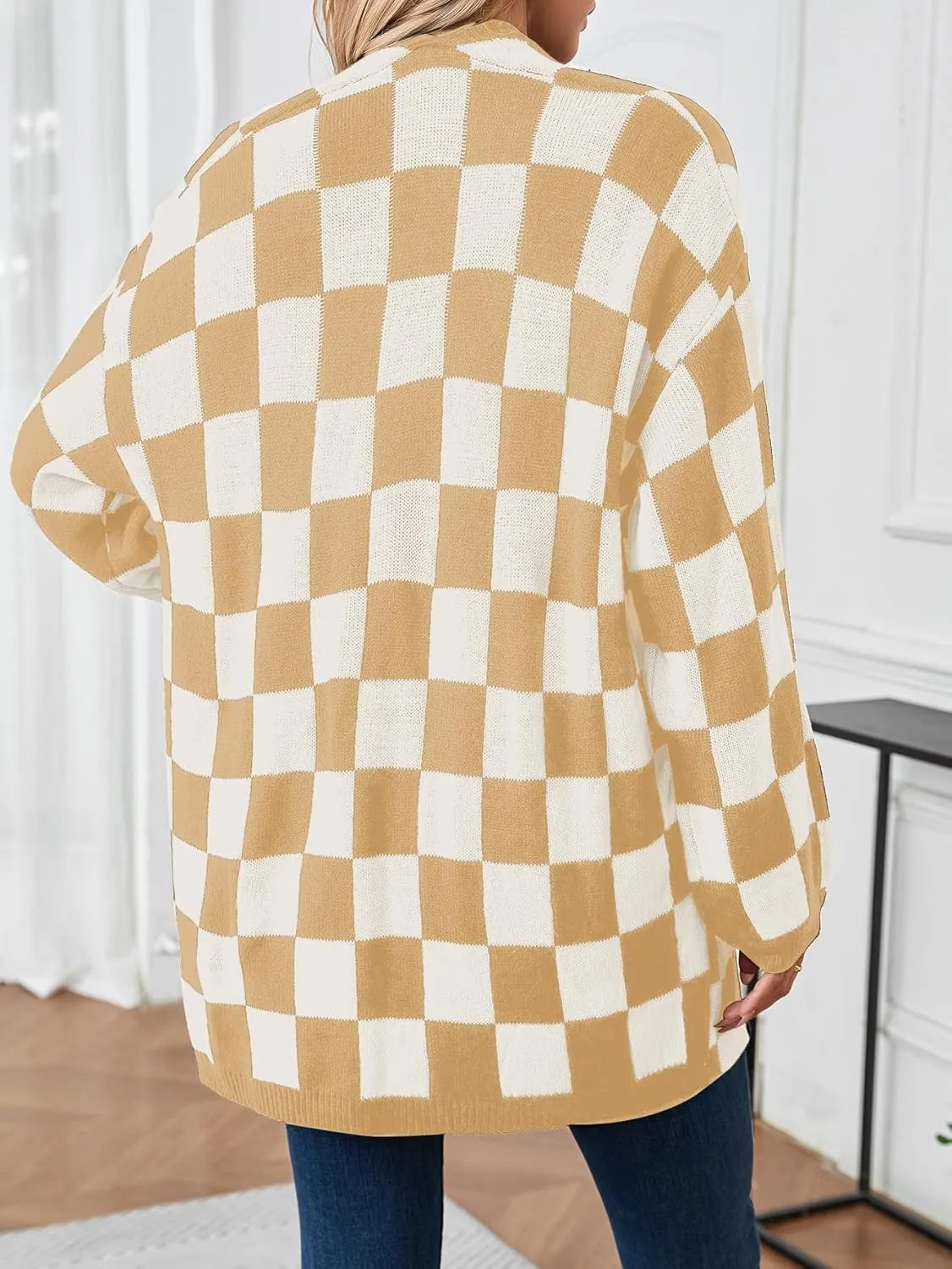 SOLY HUX Women's Long Sleeve Oversized Sweater Checkered Cardigan Open Front Outerwear Tops