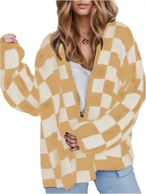SOLY HUX Women's Long Sleeve Oversized Sweater Checkered Cardigan Open Front Outerwear Tops