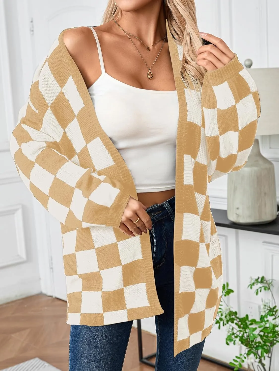 SOLY HUX Women's Long Sleeve Oversized Sweater Checkered Cardigan Open Front Outerwear Tops