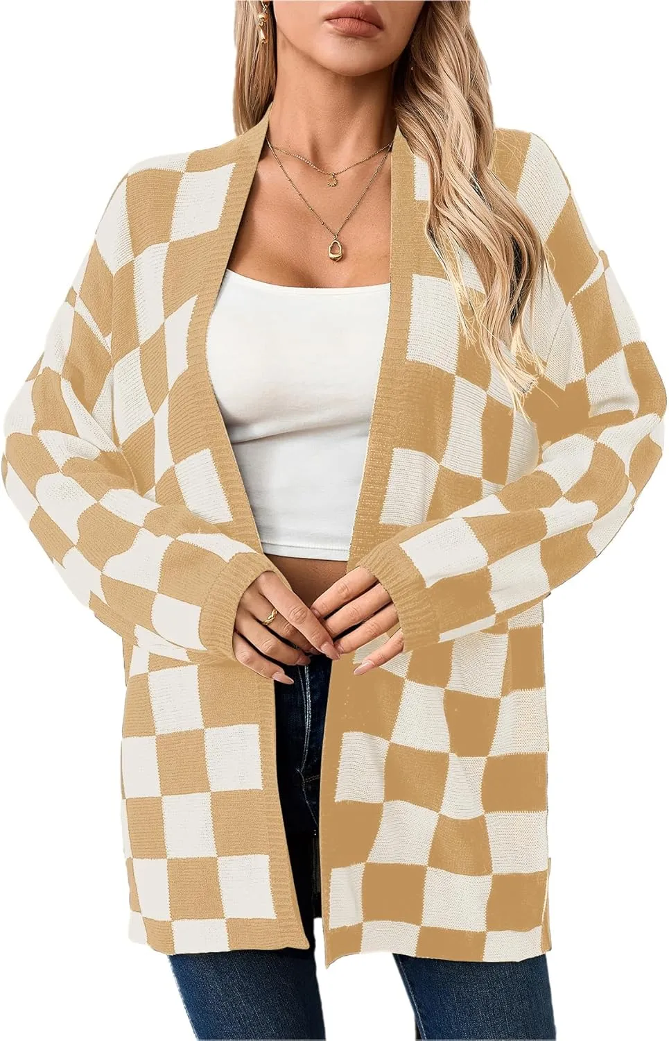 SOLY HUX Women's Long Sleeve Oversized Sweater Checkered Cardigan Open Front Outerwear Tops