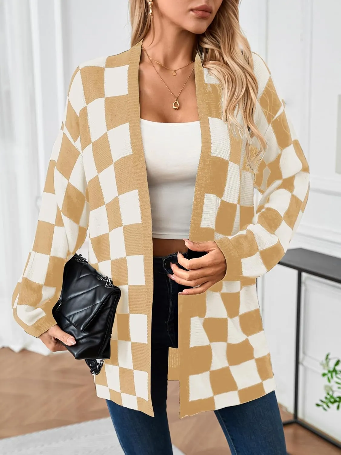 SOLY HUX Women's Long Sleeve Oversized Sweater Checkered Cardigan Open Front Outerwear Tops