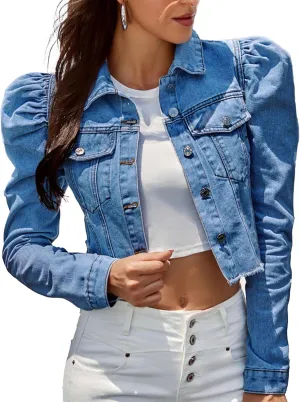 SOMTHRON Women's Cropped Jean Jacket Puff Short Sleeve Button Down Denim Coat Crop Top Outerwear