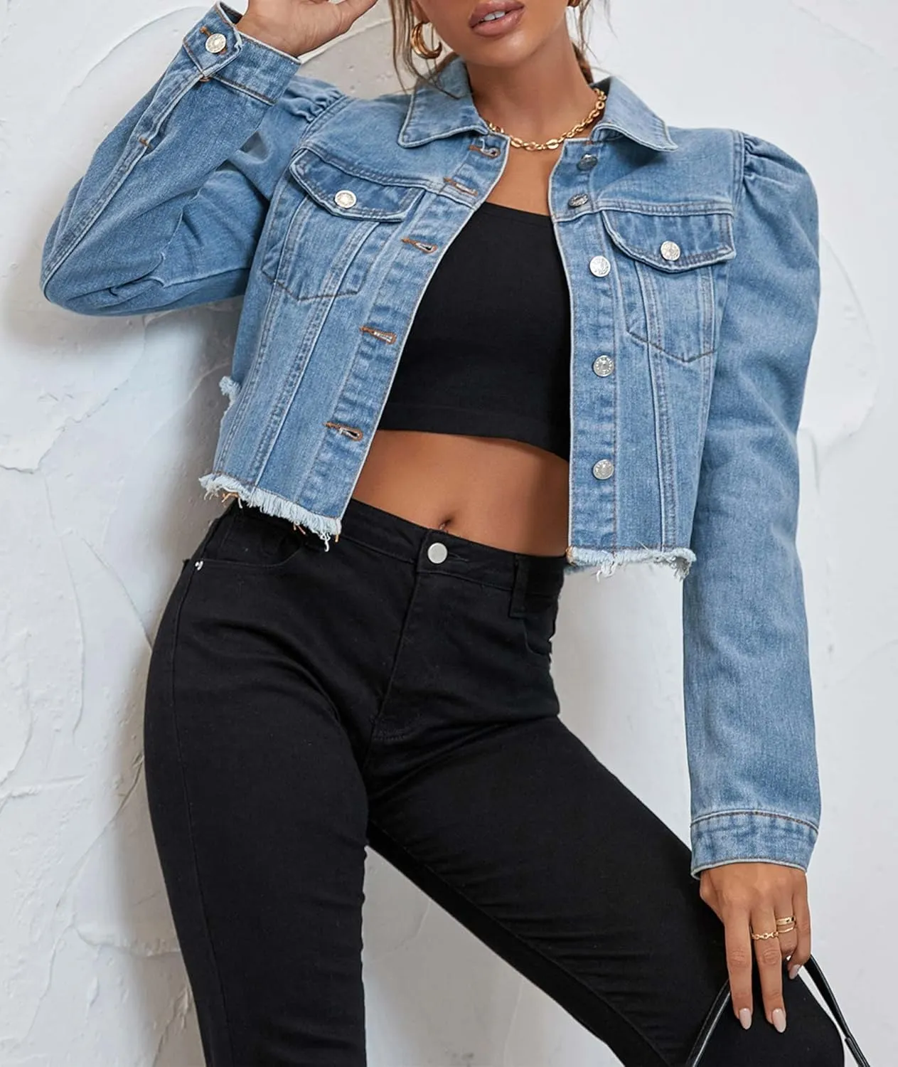 SOMTHRON Women's Cropped Jean Jacket Puff Short Sleeve Button Down Denim Coat Crop Top Outerwear
