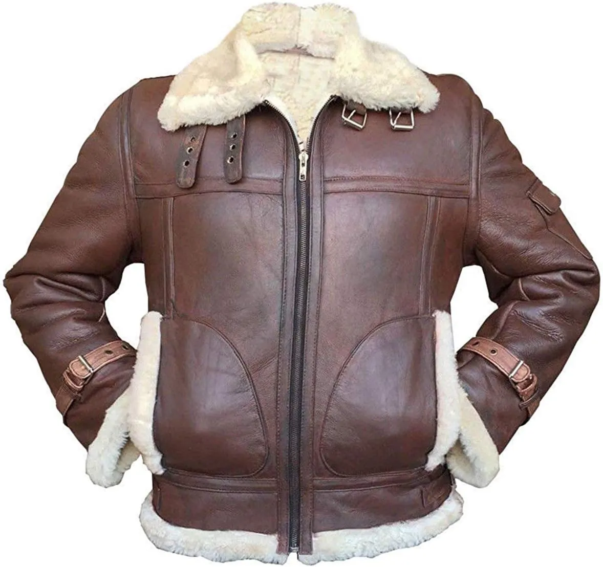 SpazeUp Mens Sheepskin Leather Jacket - Faux Shearling Brown Real Leather Bomber Jackets for Men