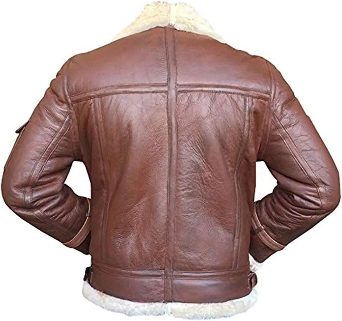 SpazeUp Mens Sheepskin Leather Jacket - Faux Shearling Brown Real Leather Bomber Jackets for Men