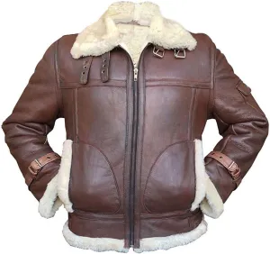 SpazeUp Mens Sheepskin Leather Jacket - Faux Shearling Brown Real Leather Bomber Jackets for Men