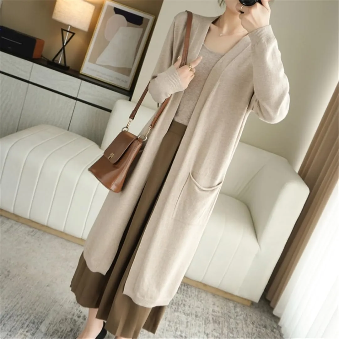Spring Autumn Cardigan Coat Women's Long Loose Sweater with Shawl Long Sleeve Sweate