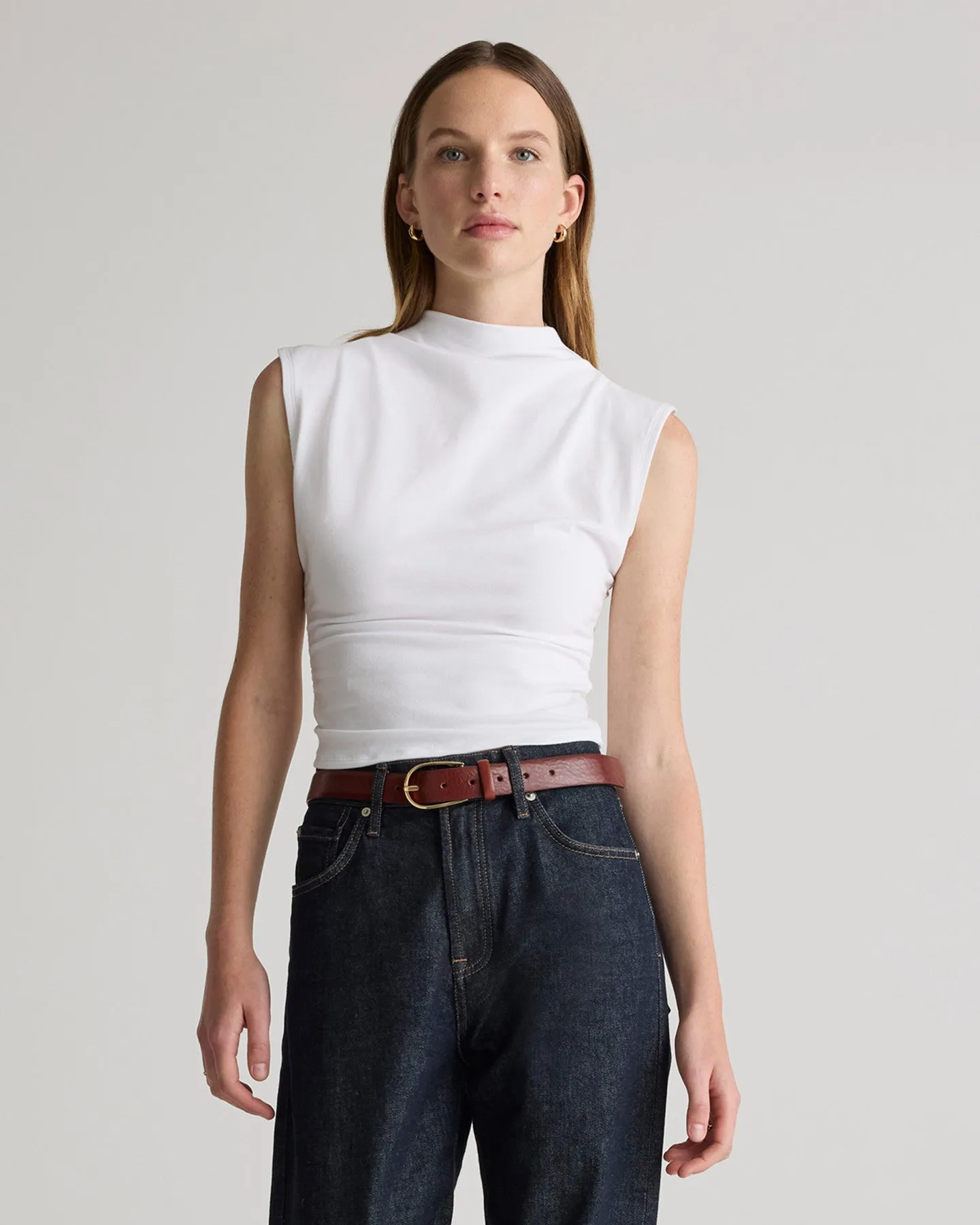 Stretch Cotton Jersey Sleeveless Mock Neck Top