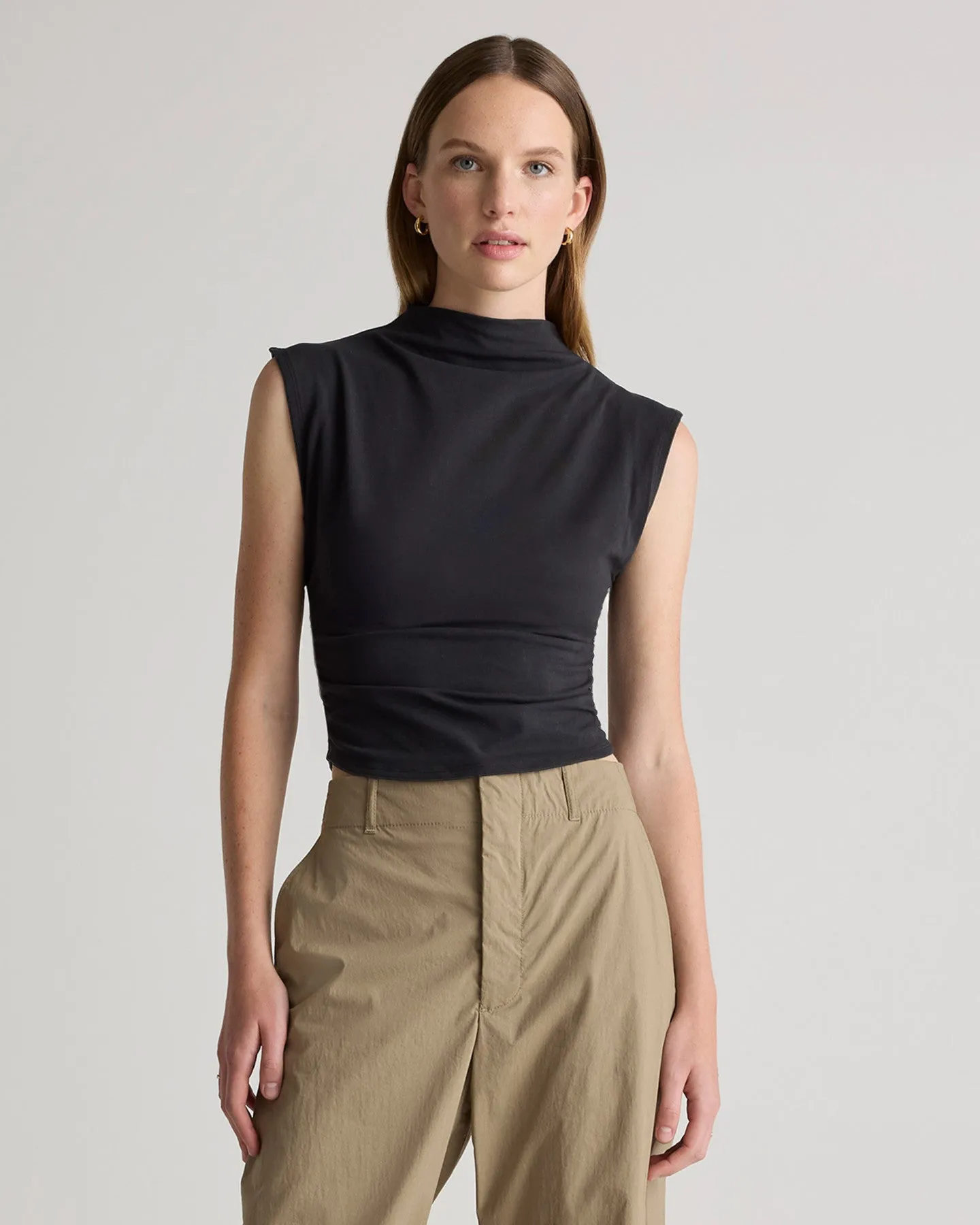 Stretch Cotton Jersey Sleeveless Mock Neck Top