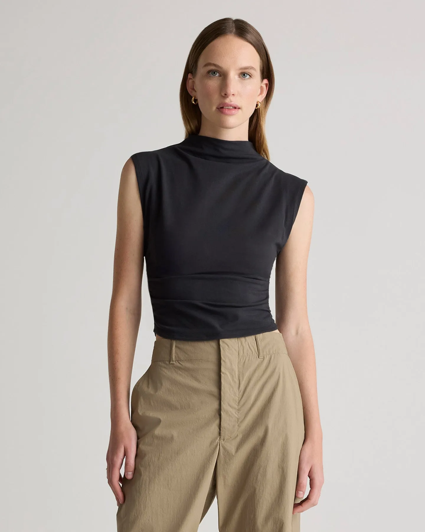 Stretch Cotton Jersey Sleeveless Mock Neck Top