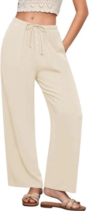 Summer Pants for Women Lightweight Linen Sweatpants Casual Loose High Waist Wide Leg Palazzo Soft Beach Trousers