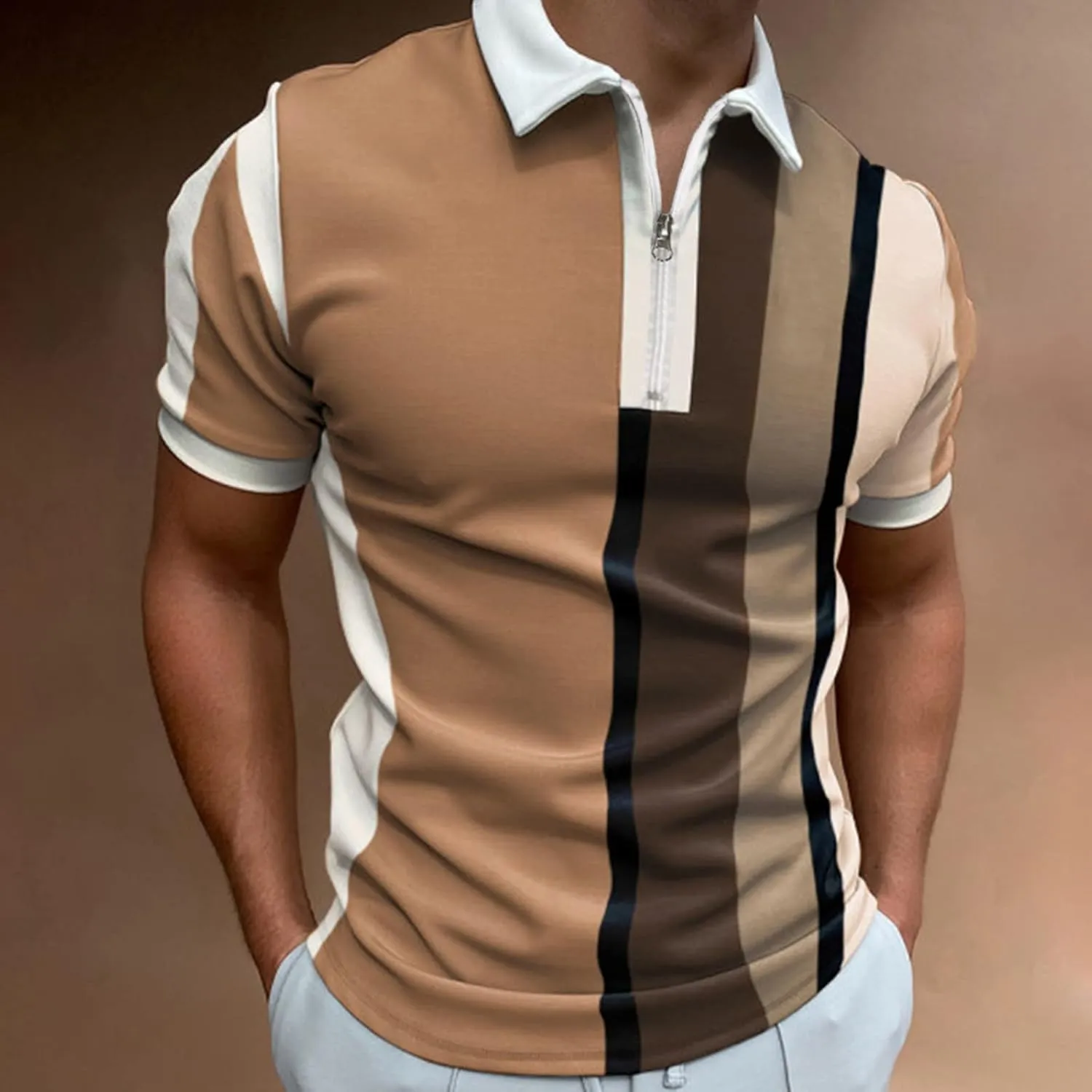 Summer Polo Shirt for Men Short Sleeve Zipper Collar Muscle Sport Golf Shirt Block Color Lapel Beach Holiday Casual Shirt