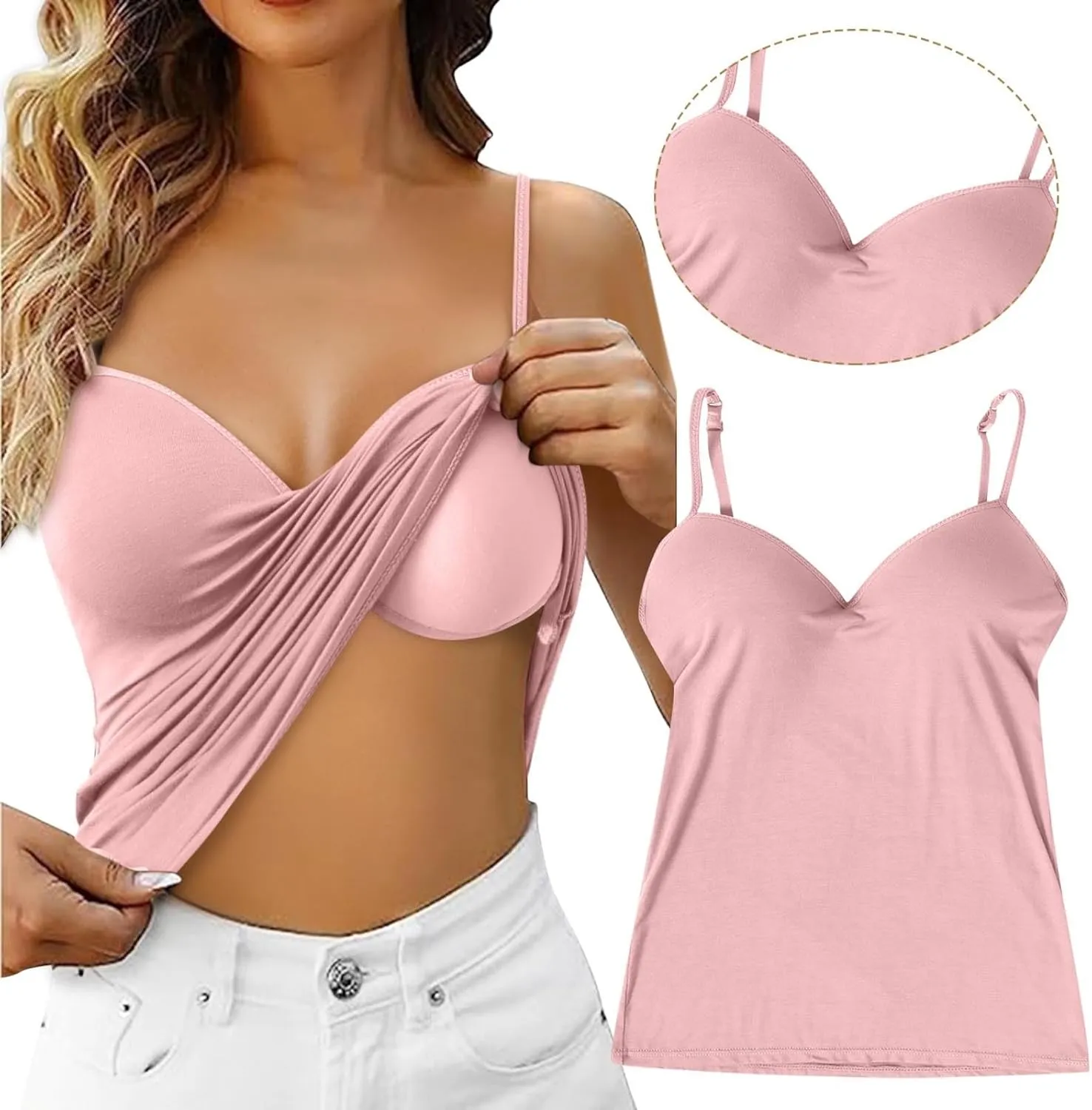 Tank Top with Built in Bra for Women Adjustable Spaghetti Strap Cami Tank Shelf Bra Camisole Tops Undershirts