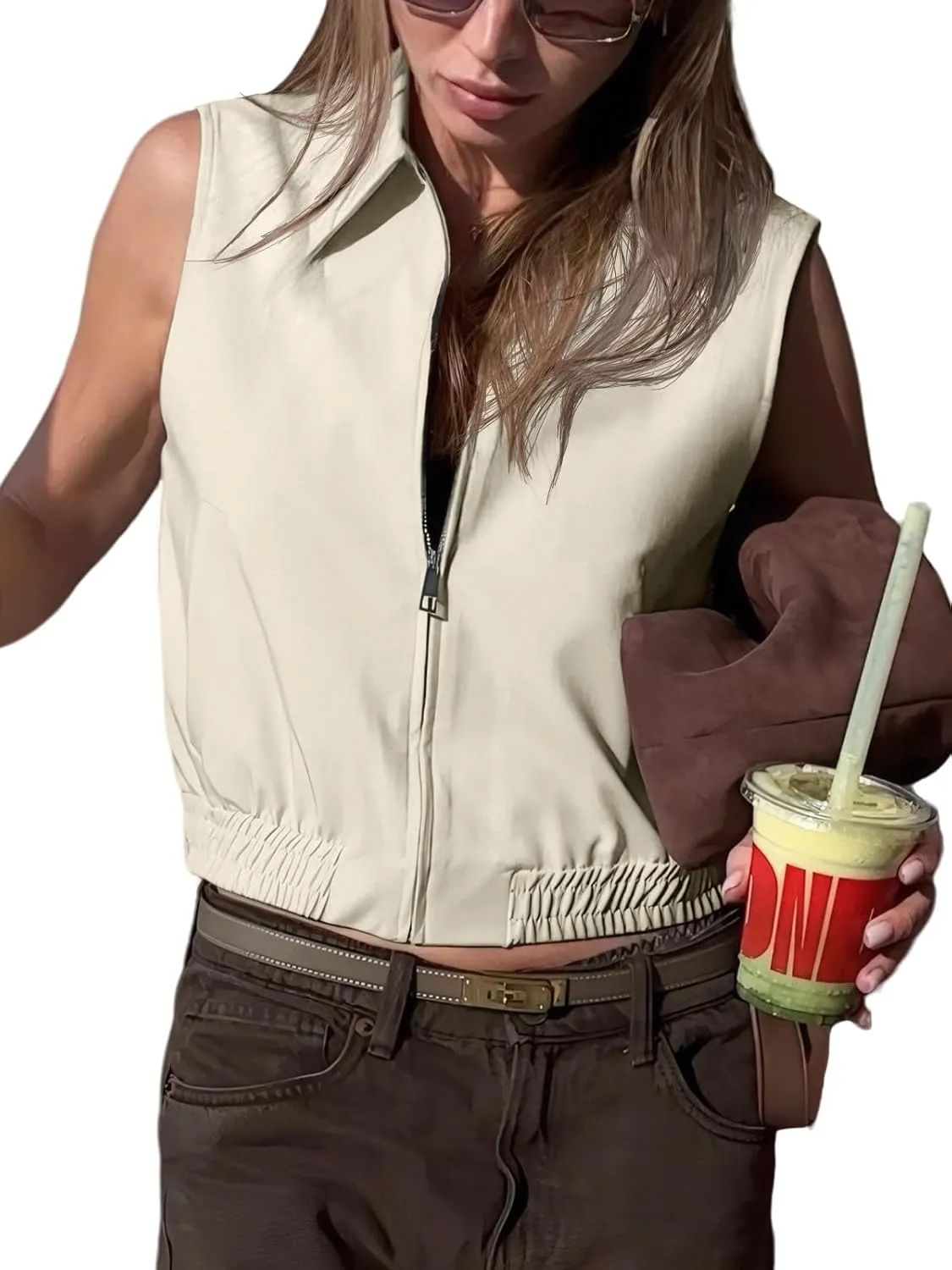 Tankaneo Womens Cropped Cargo Vest Tops Summer Trendy Sleeveless Zip Up Jacket Y2k Going Out Elastic Hem Outerwear