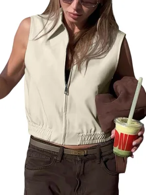 Tankaneo Womens Cropped Cargo Vest Tops Summer Trendy Sleeveless Zip Up Jacket Y2k Going Out Elastic Hem Outerwear