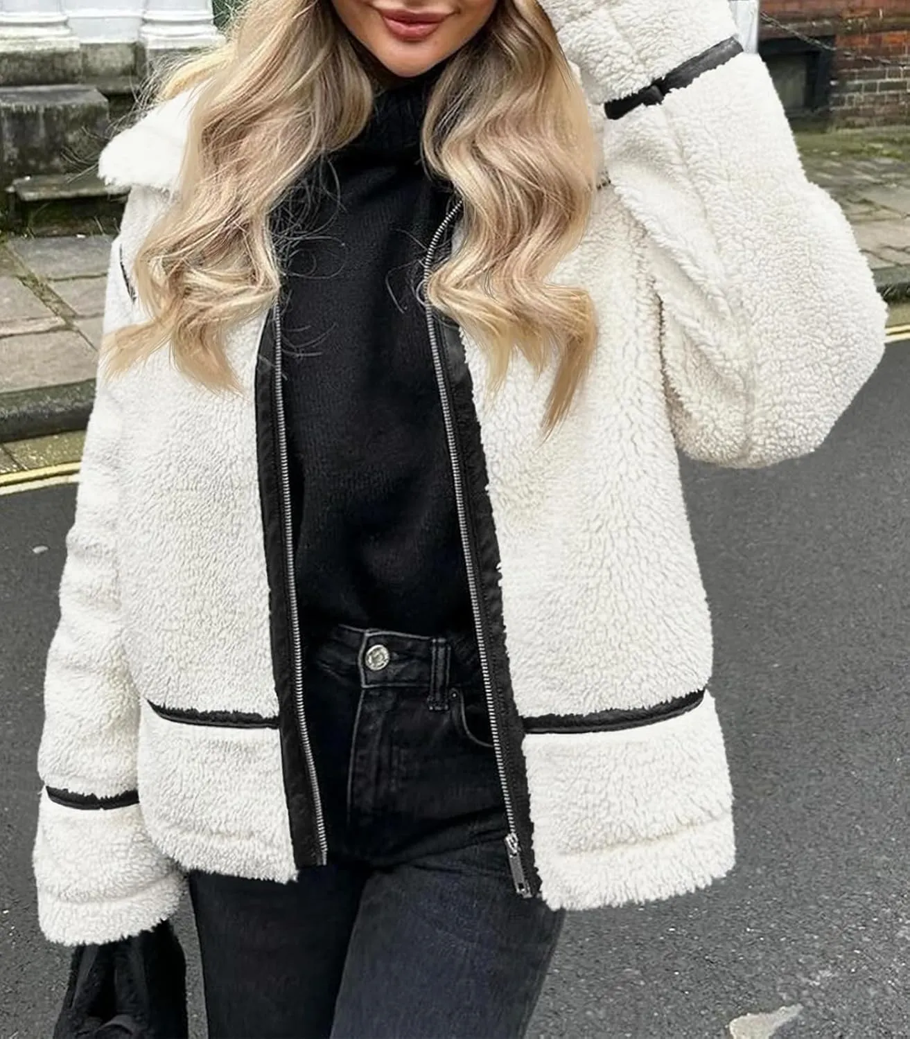 Tankaneo Womens Faux Fur Jackets Winter Trendy Sherpa Moto Leather Patchwork Zip Up Coat