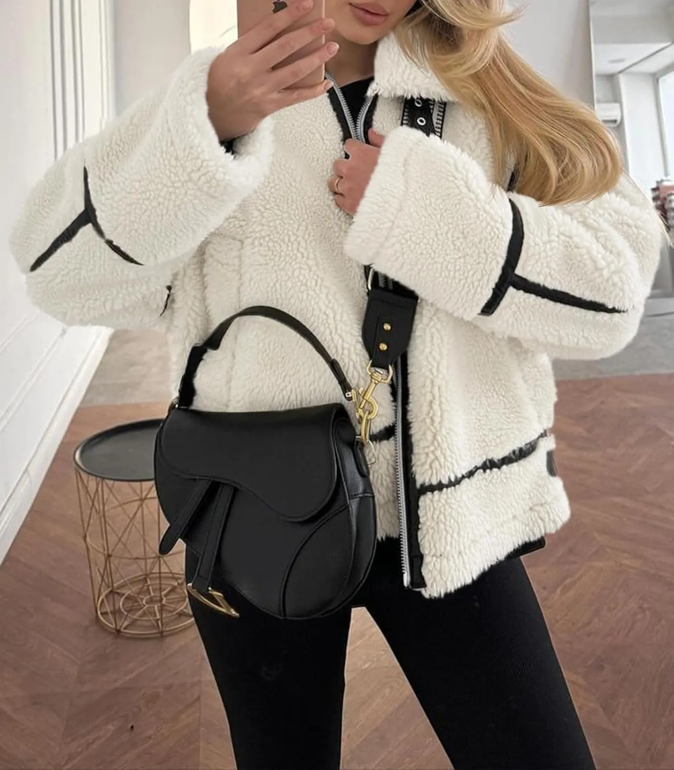 Tankaneo Womens Faux Fur Jackets Winter Trendy Sherpa Moto Leather Patchwork Zip Up Coat