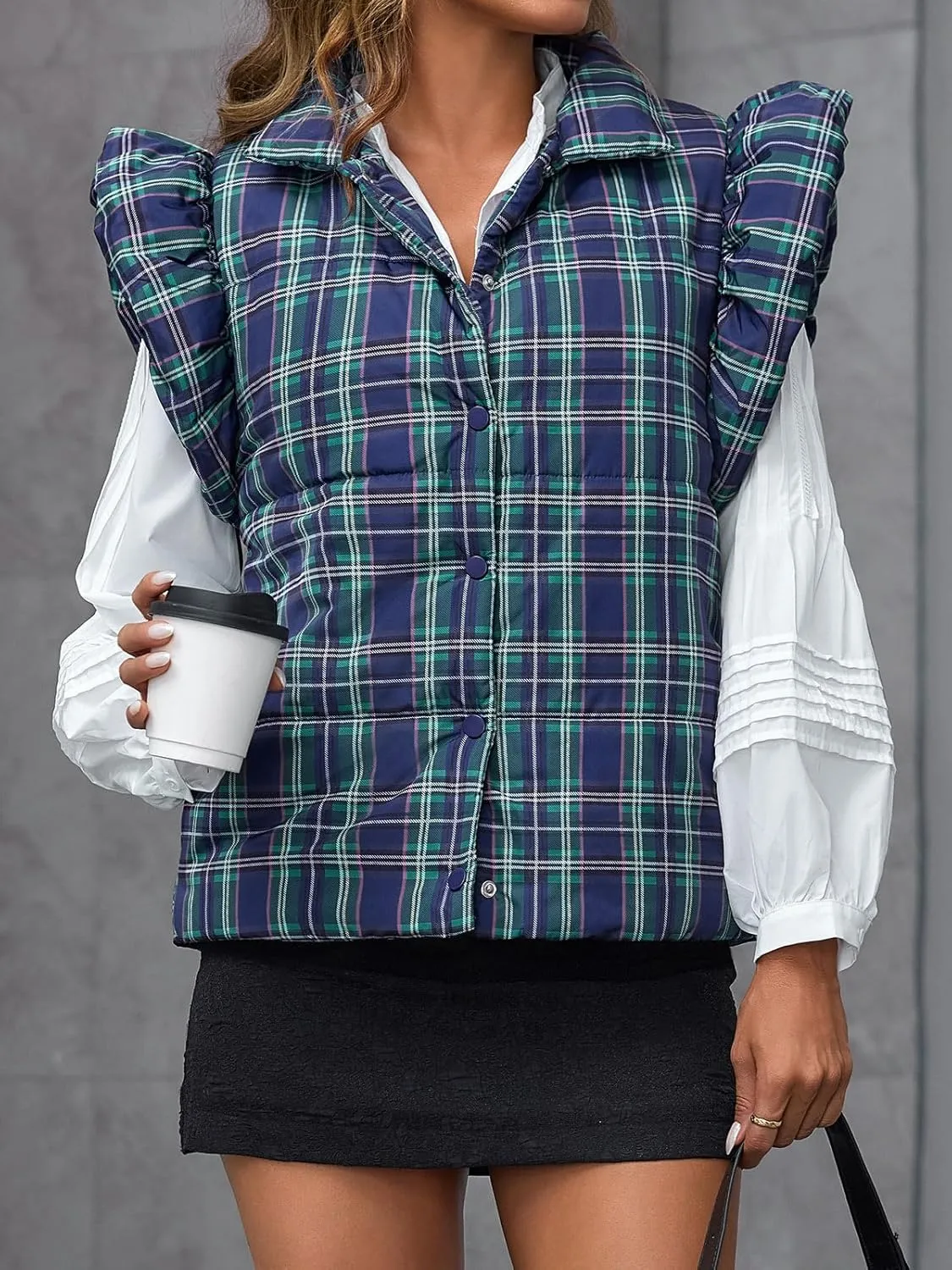 Tankaneo Womens Plaid Puffer Vests Ruffle Sleeveless Lightweight Quilted Vest Fall Winter Padded Gilets Coats