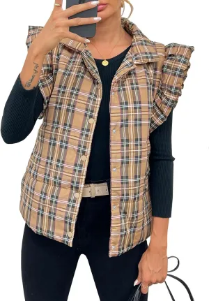 Tankaneo Womens Plaid Puffer Vests Ruffle Sleeveless Lightweight Quilted Vest Fall Winter Padded Gilets Coats