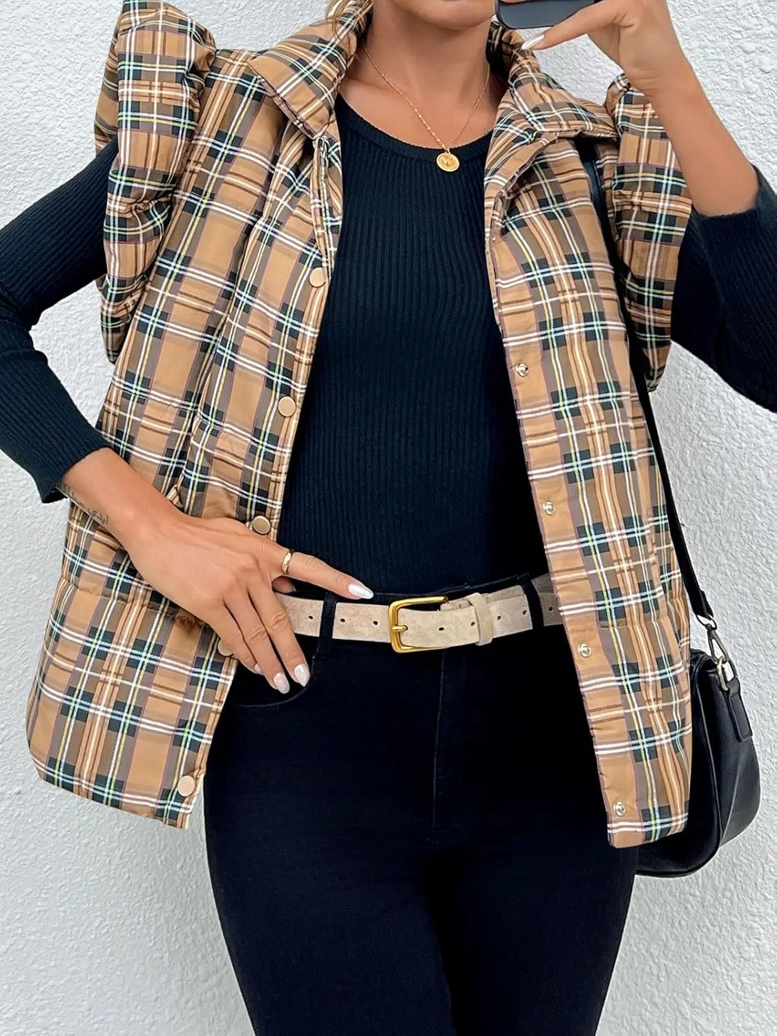 Tankaneo Womens Plaid Puffer Vests Ruffle Sleeveless Lightweight Quilted Vest Fall Winter Padded Gilets Coats