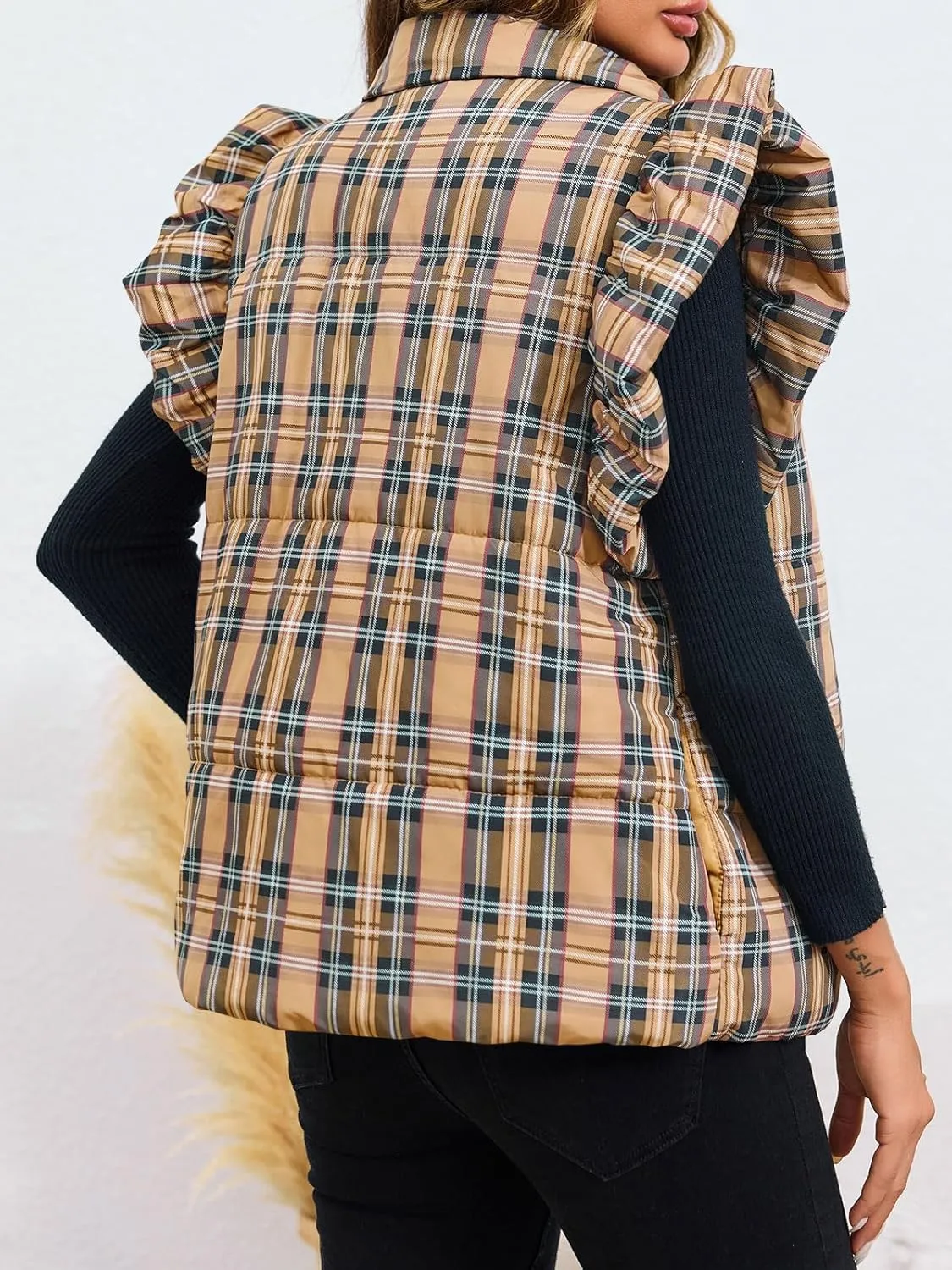 Tankaneo Womens Plaid Puffer Vests Ruffle Sleeveless Lightweight Quilted Vest Fall Winter Padded Gilets Coats