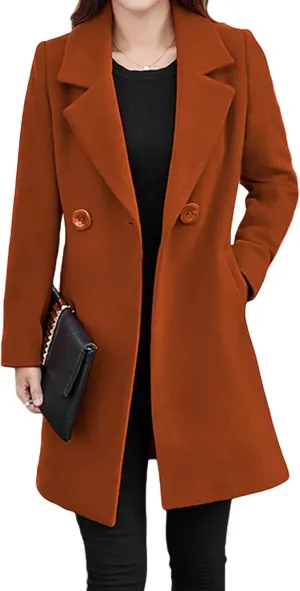 Tanming Womens Elegant Notched Collar Button Wool Blend Solid Long Pea Coat Overcoat