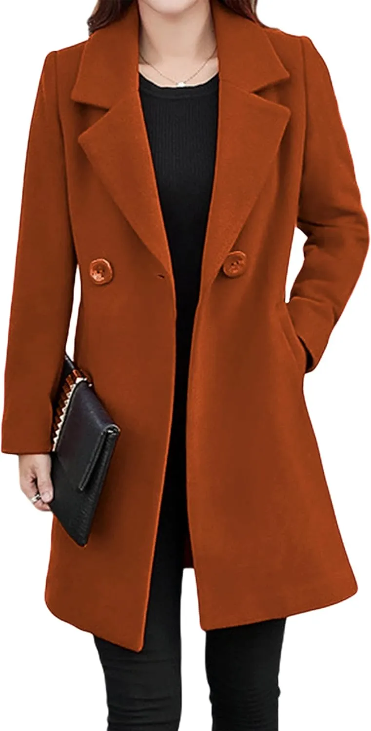 Tanming Womens Elegant Notched Collar Button Wool Blend Solid Long Pea Coat Overcoat